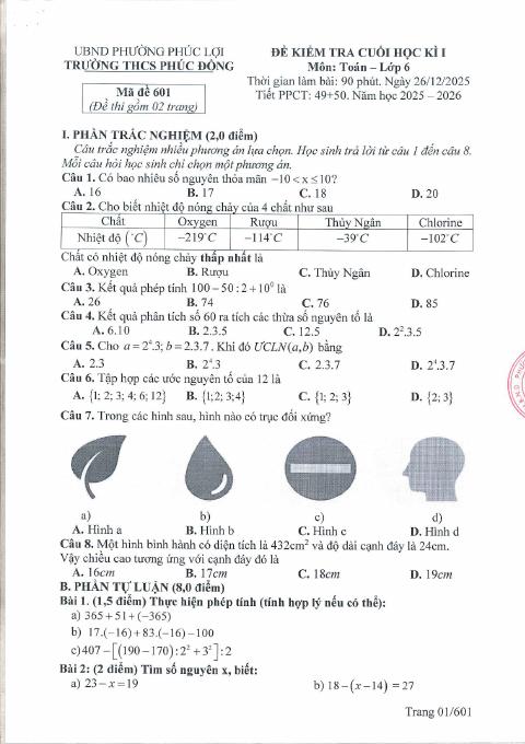 Đề thi Học kì 1 Toán 6 năm 2025-2026 trường THCS Phúc Đồng (Hà Nội)